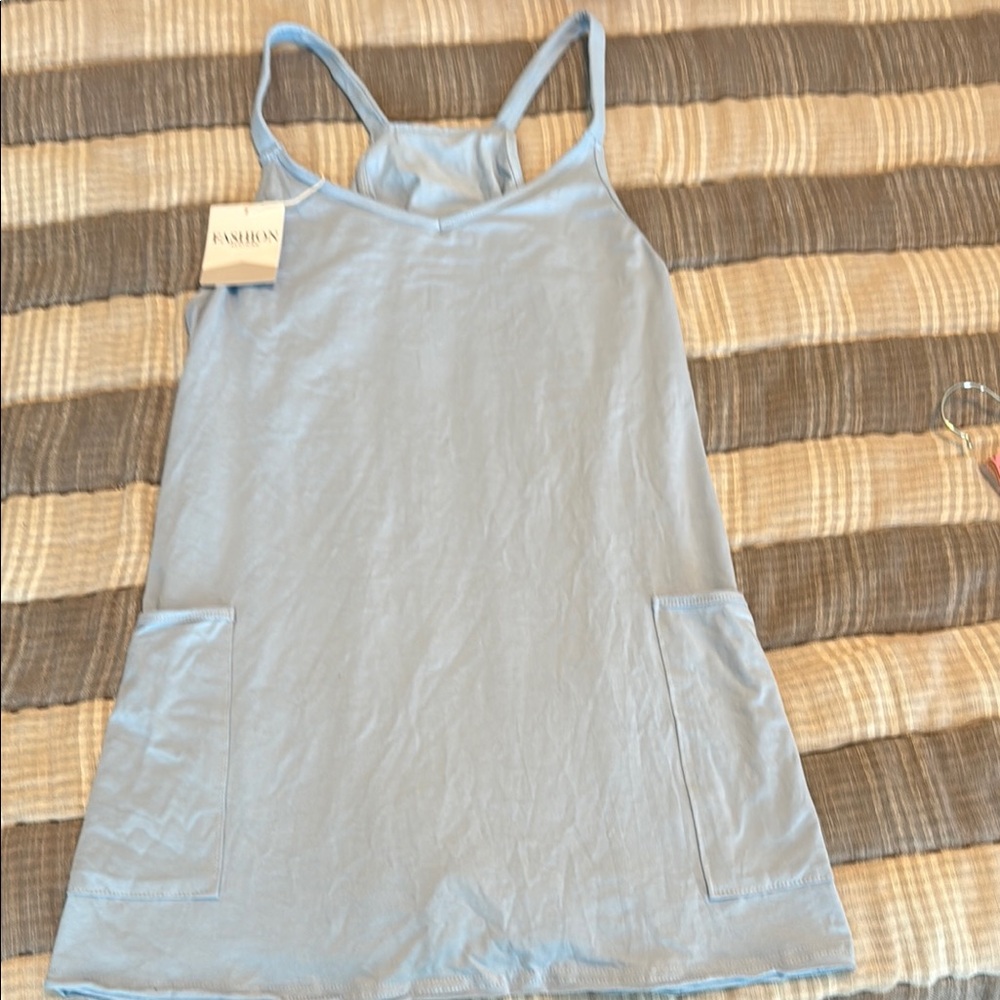 Light Blue Sleeveless Dress with Pockets